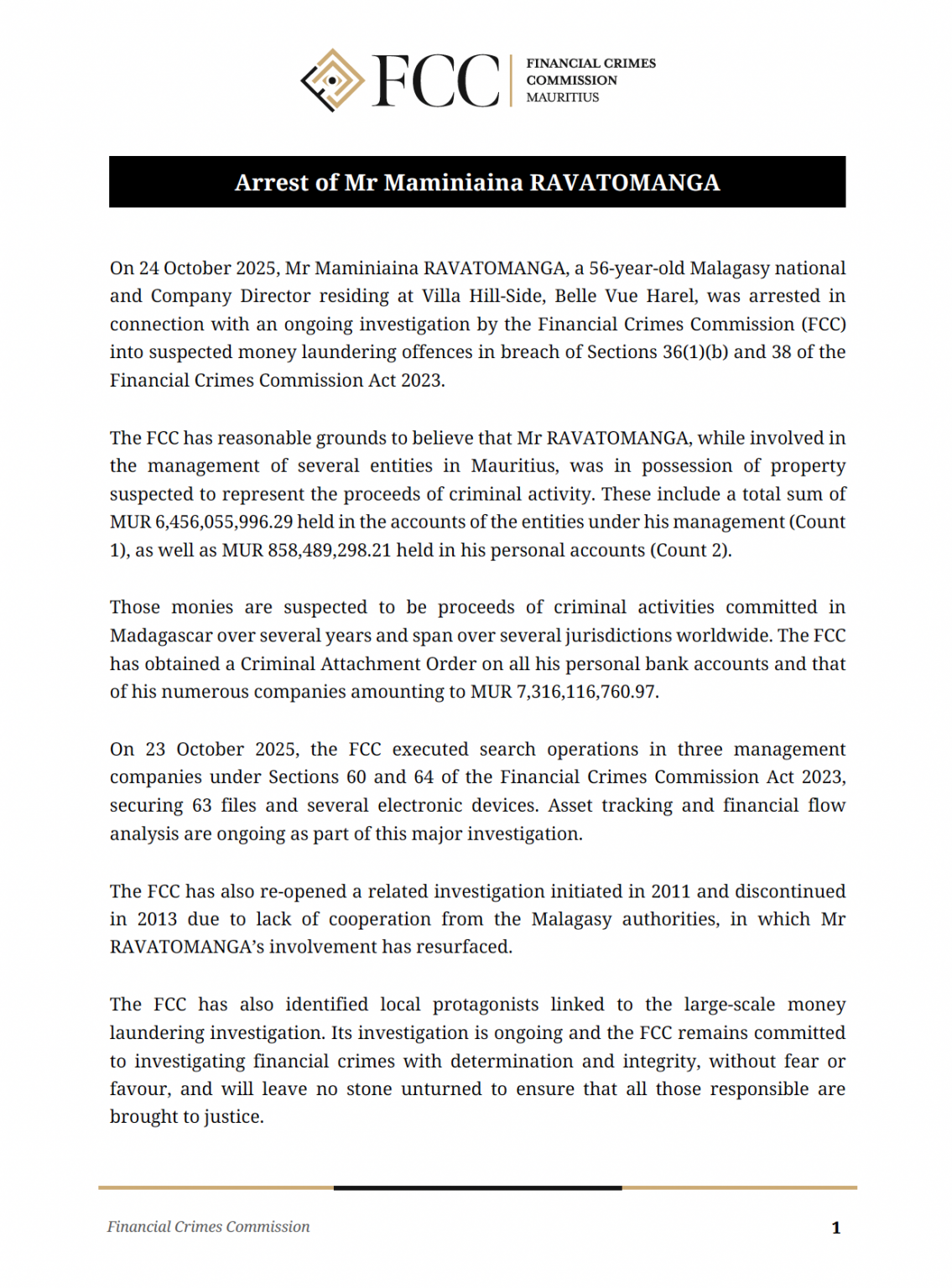 Lovanaina Ravatomanga Arrest of Mr Maminiaina RAVATOMANGA - Financial Crimes Commission